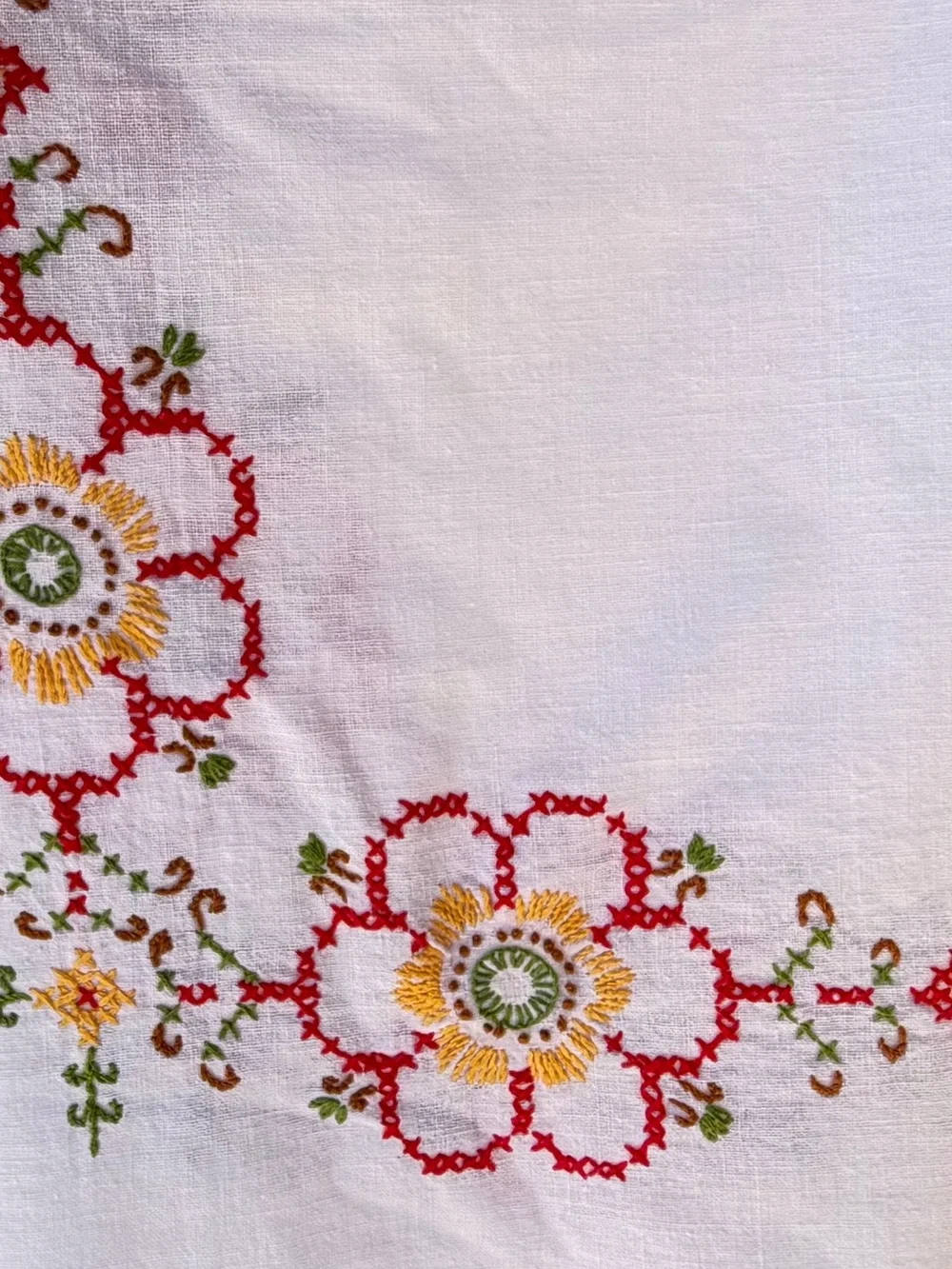 Vintage Hand Embroidered Linen Table Topper 37” Square Floral Cottagecore